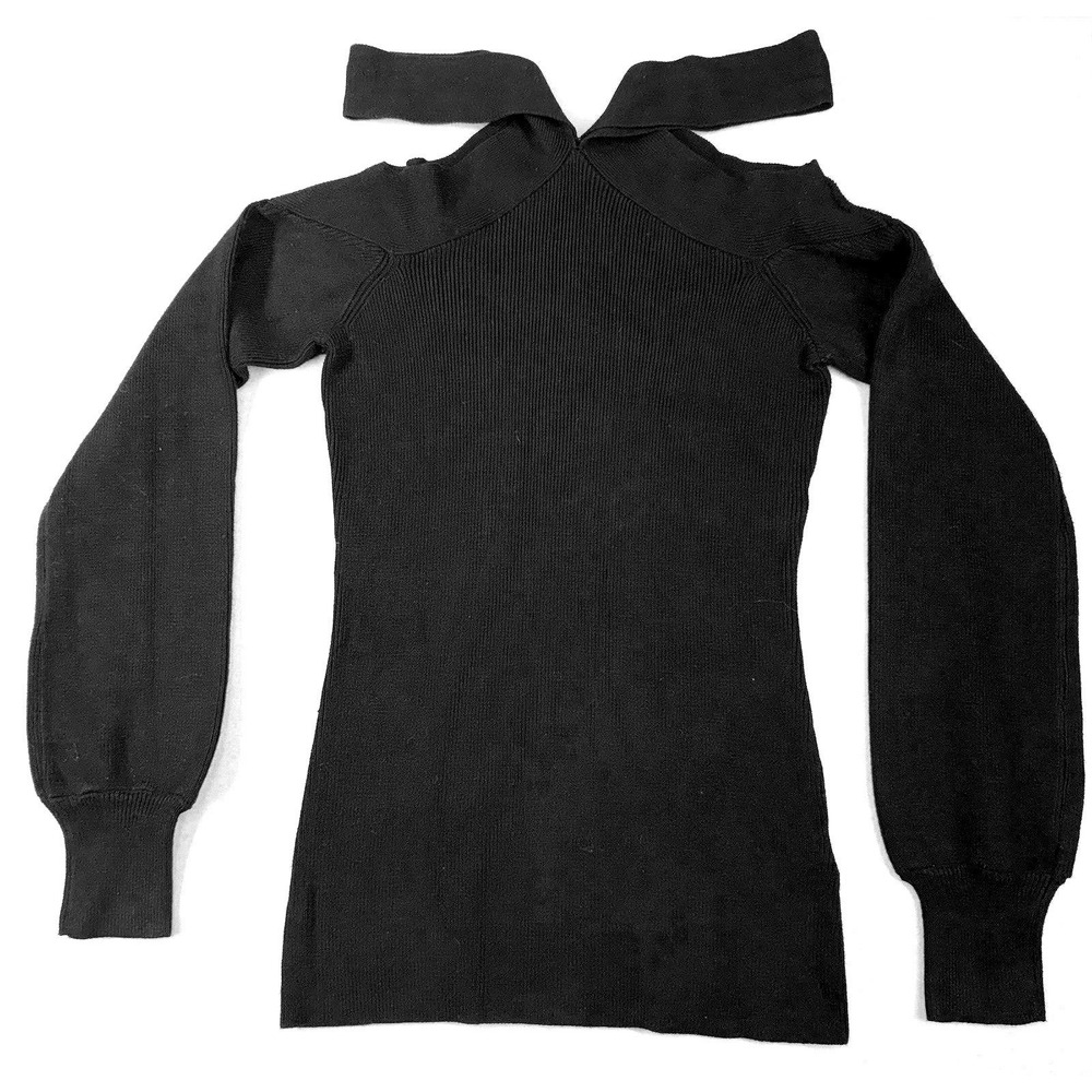 Boston Proper‎ Women's XXS Black Sweater Top Halter Cold Shoulder Bodycon Y2K